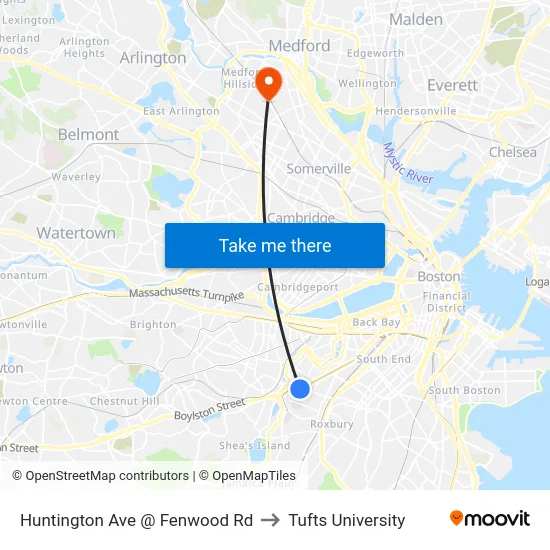 Huntington Ave @ Fenwood Rd to Tufts University map