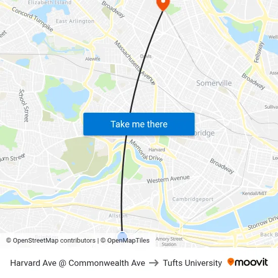 Harvard Ave @ Commonwealth Ave to Tufts University map