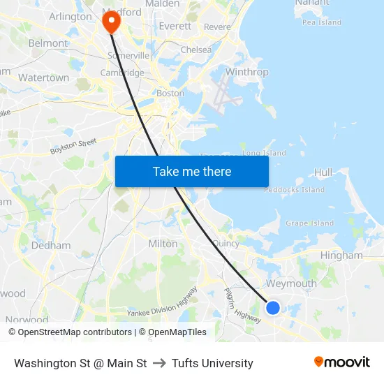 Washington St @ Main St to Tufts University map