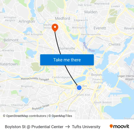 Boylston St @ Prudential Center to Tufts University map