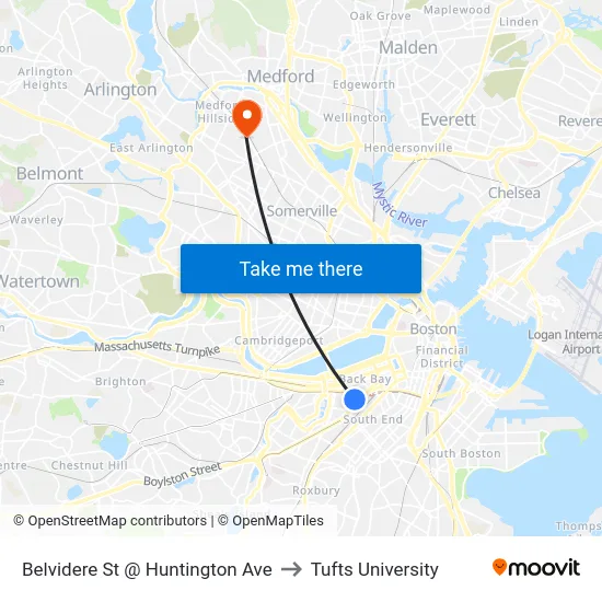 Belvidere St @ Huntington Ave to Tufts University map