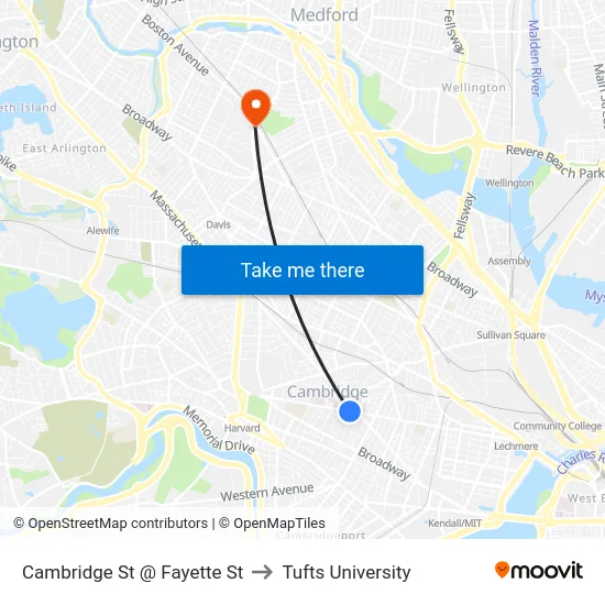 Cambridge St @ Fayette St to Tufts University map