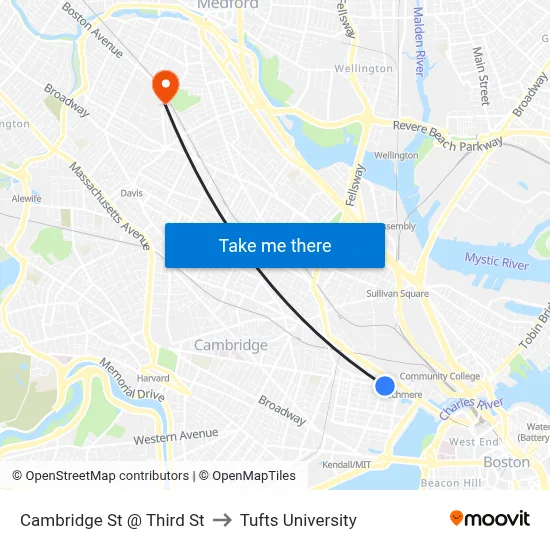 Cambridge St @ Third St to Tufts University map