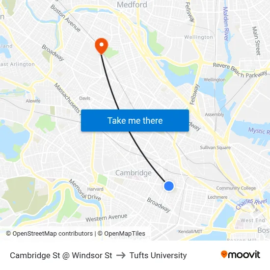 Cambridge St @ Windsor St to Tufts University map
