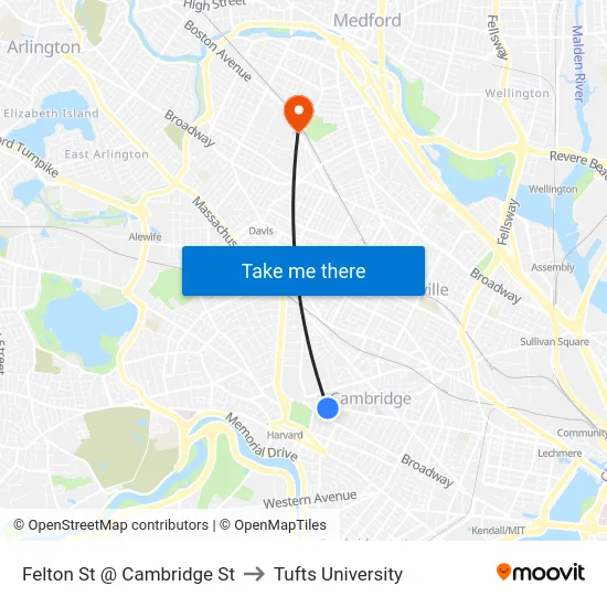 Felton St @ Cambridge St to Tufts University map