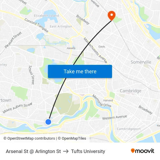 Arsenal St @ Arlington St to Tufts University map