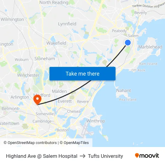 Highland Ave @ Salem Hospital to Tufts University map