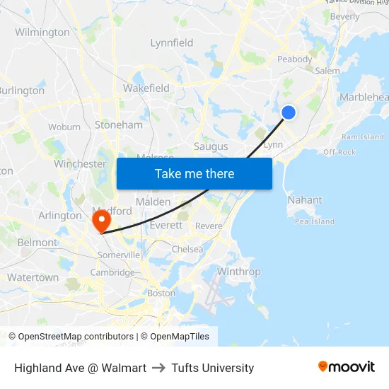 Highland Ave @ Walmart to Tufts University map