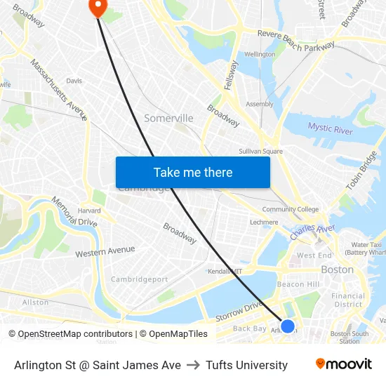 Arlington St @ Saint James Ave to Tufts University map