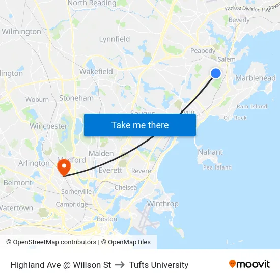 Highland Ave @ Willson St to Tufts University map