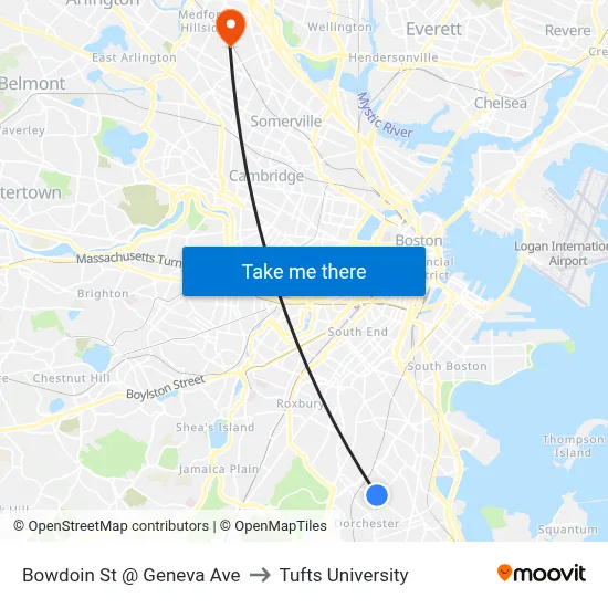 Bowdoin St @ Geneva Ave to Tufts University map