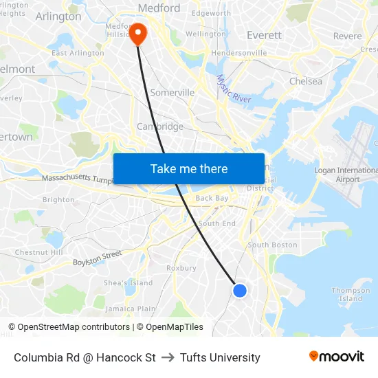 Columbia Rd @ Hancock St to Tufts University map