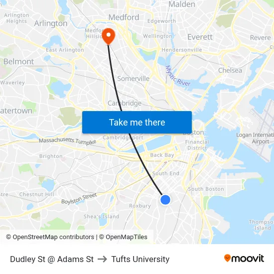 Dudley St @ Adams St to Tufts University map