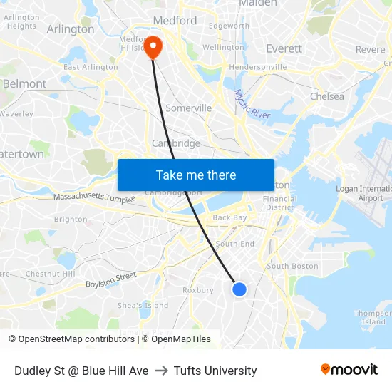 Dudley St @ Blue Hill Ave to Tufts University map