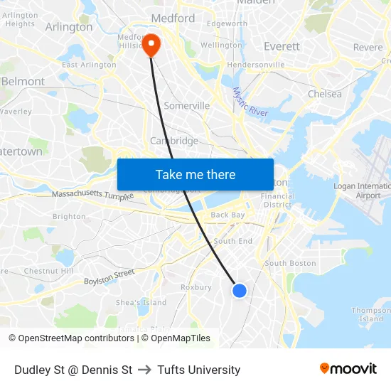 Dudley St @ Dennis St to Tufts University map