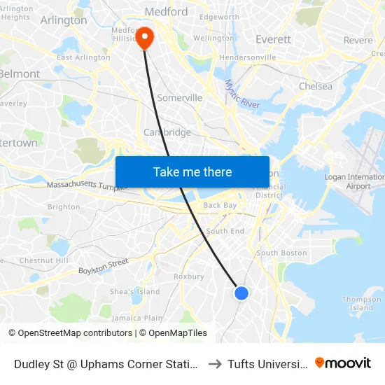 Dudley St @ Uphams Corner Station to Tufts University map