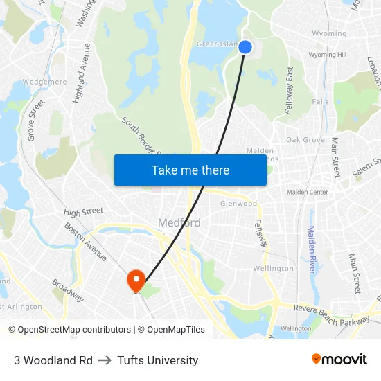 3 Woodland Rd to Tufts University map