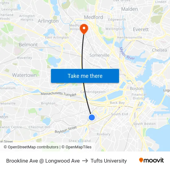 Brookline Ave @ Longwood Ave to Tufts University map