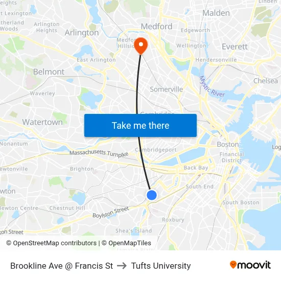 Brookline Ave @ Francis St to Tufts University map