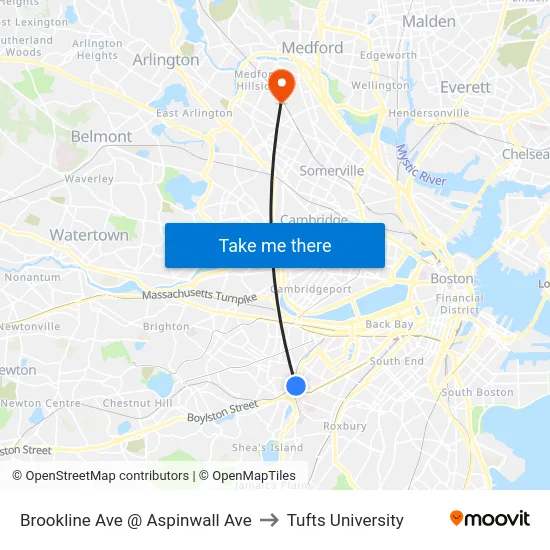Brookline Ave @ Aspinwall Ave to Tufts University map