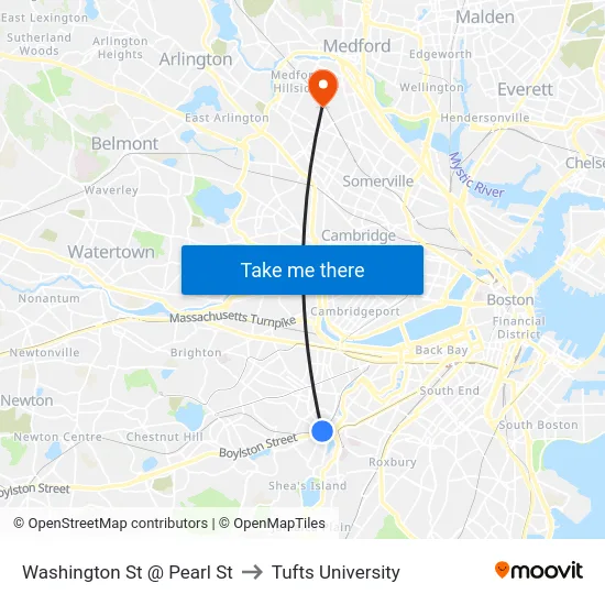 Washington St @ Pearl St to Tufts University map