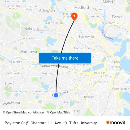 Boylston St @ Chestnut Hill Ave to Tufts University map