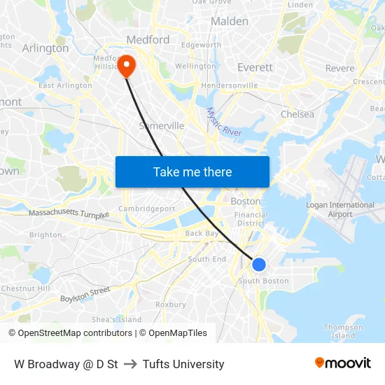 W Broadway @ D St to Tufts University map