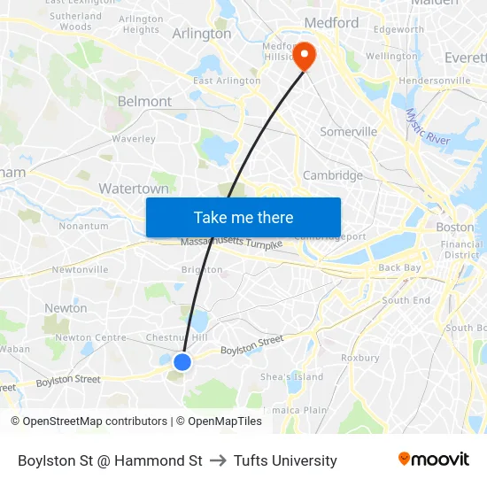 Boylston St @ Hammond St to Tufts University map