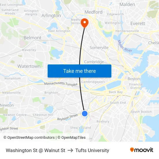 Washington St @ Walnut St to Tufts University map