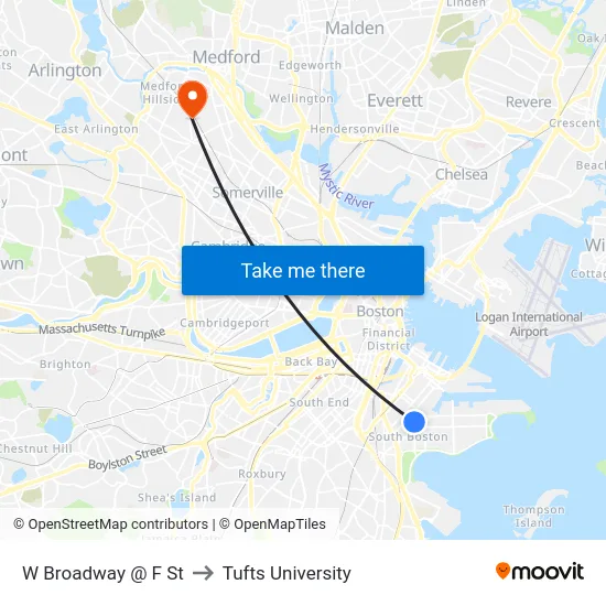 W Broadway @ F St to Tufts University map