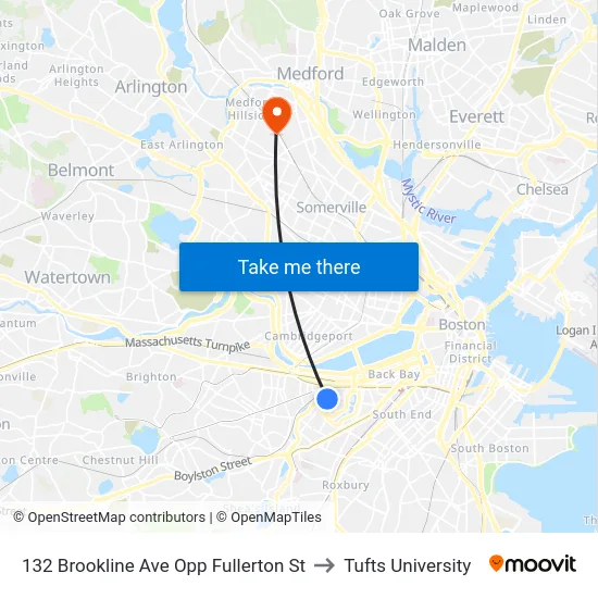 132 Brookline Ave Opp Fullerton St to Tufts University map