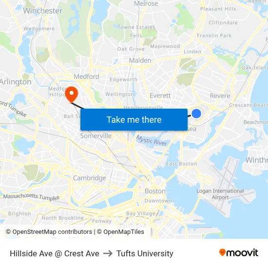Hillside Ave @ Crest Ave to Tufts University map
