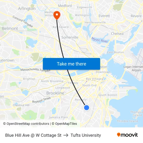 Blue Hill Ave @ W Cottage St to Tufts University map