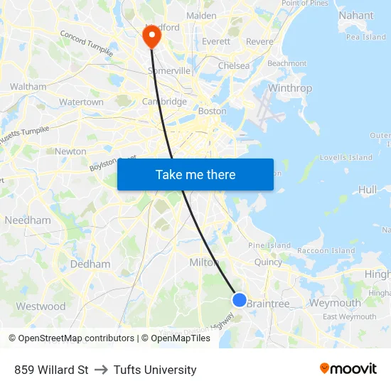 859 Willard St to Tufts University map