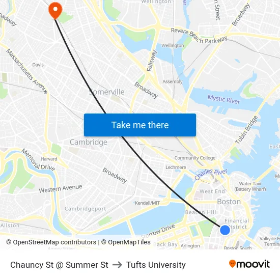 Chauncy St @ Summer St to Tufts University map