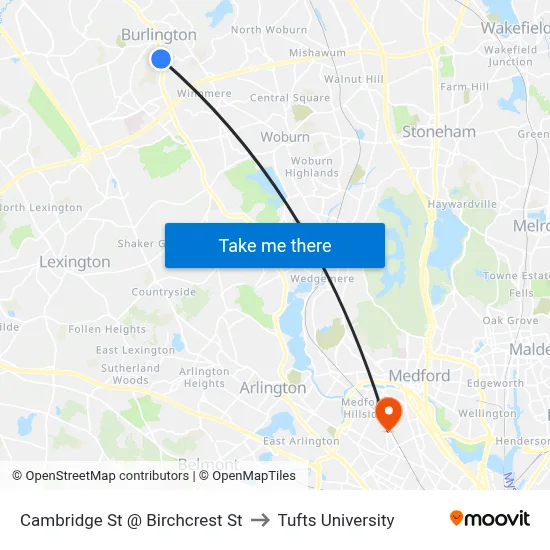 Cambridge St @ Birchcrest St to Tufts University map