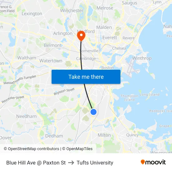 Blue Hill Ave @ Paxton St to Tufts University map