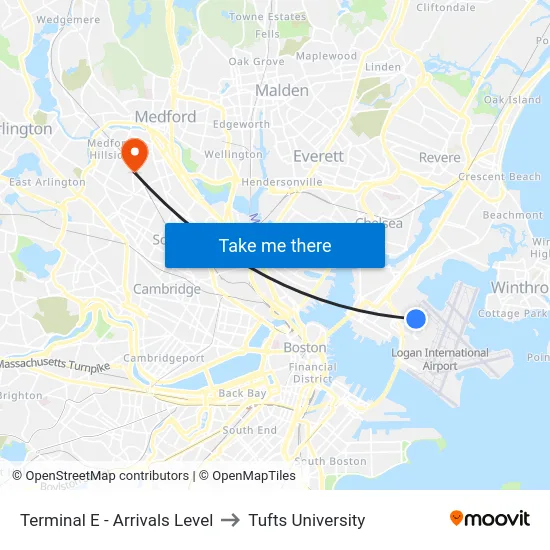 Terminal E - Arrivals Level to Tufts University map