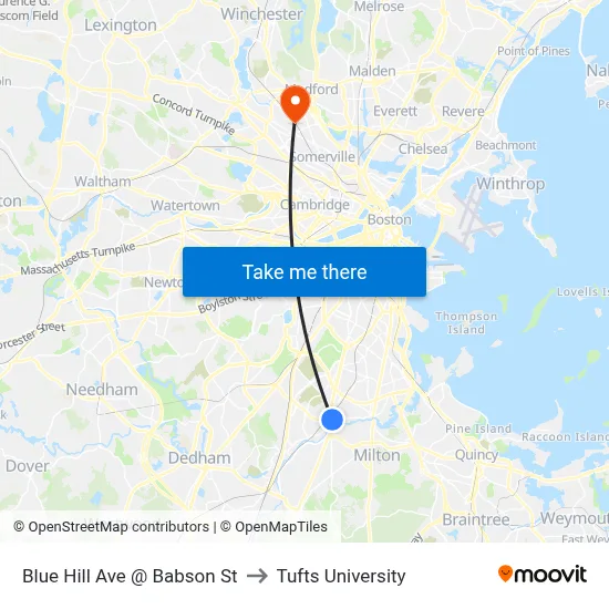 Blue Hill Ave @ Babson St to Tufts University map