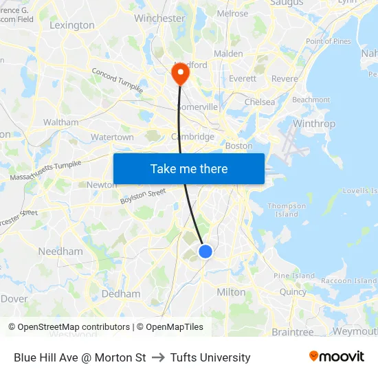 Blue Hill Ave @ Morton St to Tufts University map