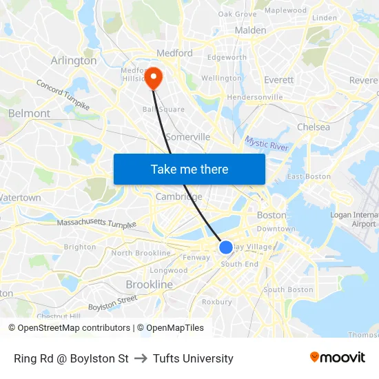 Ring Rd @ Boylston St to Tufts University map