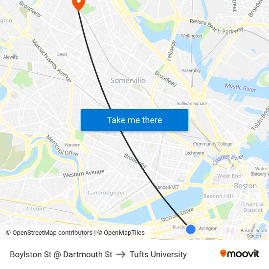 Boylston St @ Dartmouth St to Tufts University map