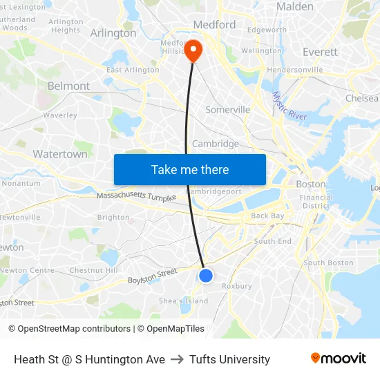 Heath St @ S Huntington Ave to Tufts University map