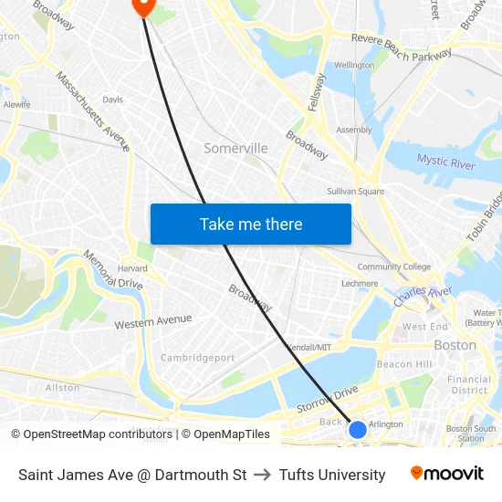 Saint James Ave @ Dartmouth St to Tufts University map