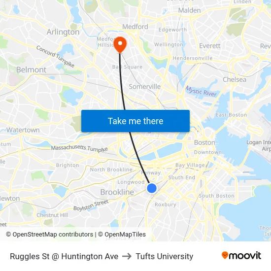 Ruggles St @ Huntington Ave to Tufts University map