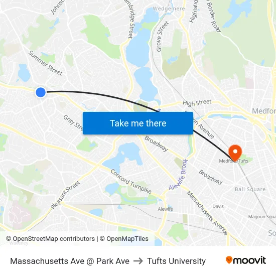 Massachusetts Ave @ Park Ave to Tufts University map