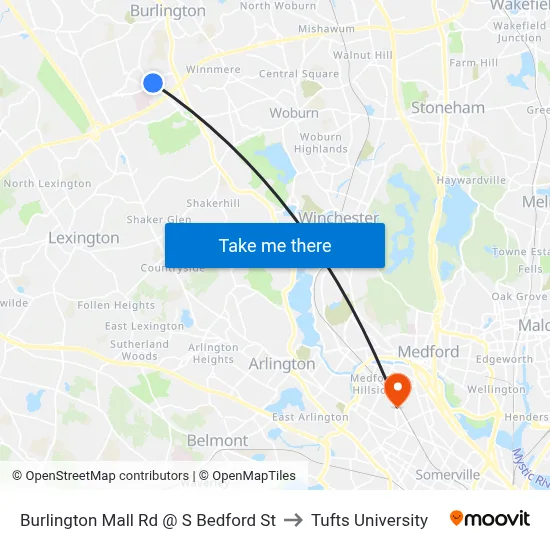 Burlington Mall Rd @ S Bedford St to Tufts University map