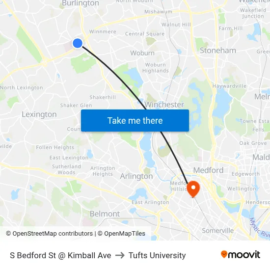 S Bedford St @ Kimball Ave to Tufts University map