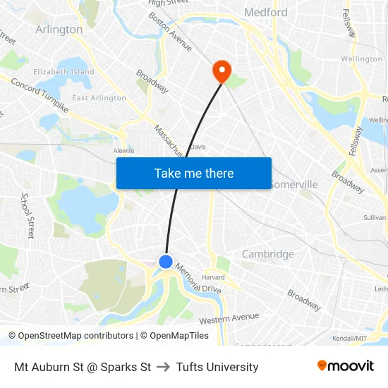 Mt Auburn St @ Sparks St to Tufts University map