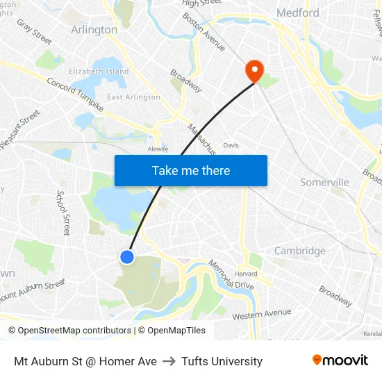 Mt Auburn St @ Homer Ave to Tufts University map